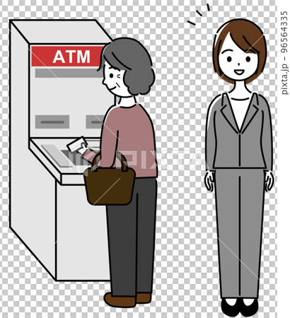 カードを手に持ちATMの操作をする高齢女性と、それを見守る銀行員の女性 96564335