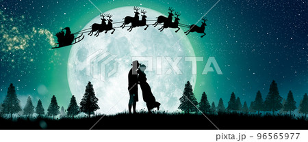 Silhouette of Santa Claus get a move to ride on their reindeer over full moon at night Christmas. Enjoying couple dancing under the full moon. Silhouette of Santa Claus get a move to ride on their reindeer over full moon at night Christmas. Enjoying couple dancing under the full moon. 96565977