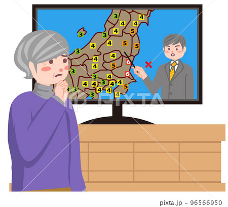 地震速報を見て怖がるシニア女性 96566950