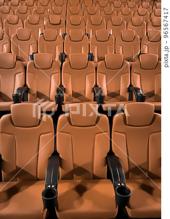 Cinema and entertainment, empty brown movie theatre seats for tv show streaming service and film industry production branding 96567417