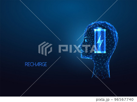 Futuristic mind recharge, emotional and spiritual rest concept with human head and battery symbols Futuristic mind recharge, emotional and spiritual rest concept with human head and battery symbols 96567740
