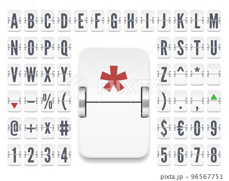 White flip board font with numbers for stock exchange rates. Retro airport terminal mechanical scoreboard alphabet for financial info and timetable vector illustration 96567751