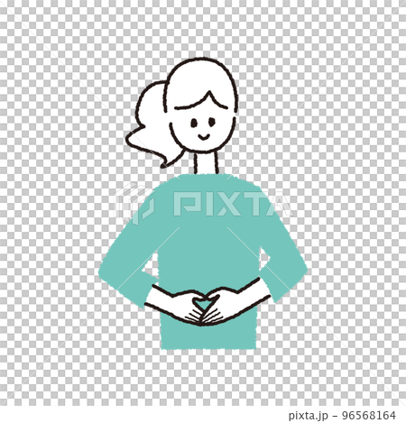 Upper body of an adult woman with both hands on her stomach 96568164