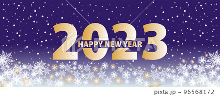 2023 Happy New Year card template. Design patern snowflakes gold and blue color. 96568172