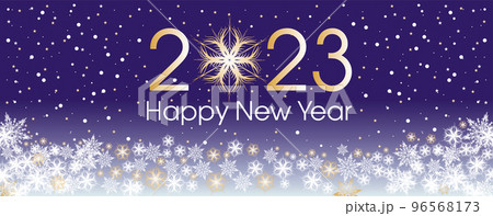 2023 Happy New Year card template. Design patern snowflakes gold and blue color. 96568173