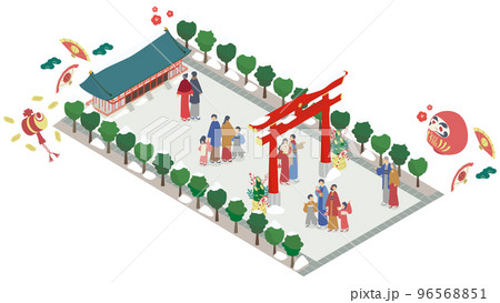 神社に初詣をしにいく楽しそうな人々のアイソメイラスト 神社に初詣をしにいく楽しそうな人々のアイソメイラスト 96568851