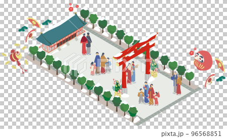 神社に初詣をしにいく楽しそうな人々のアイソメイラスト 神社に初詣をしにいく楽しそうな人々のアイソメイラスト 96568851