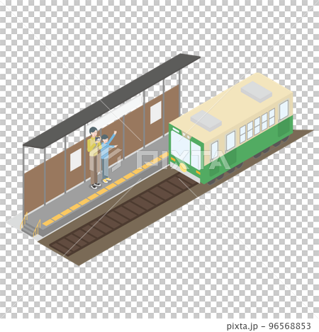 Isometric illustration of parent and child shooting a train using a camera 96568853