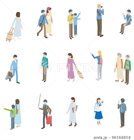 老若男女の観光客のアイソメイラストセット 96568858