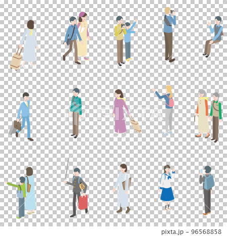 老若男女の観光客のアイソメイラストセット 96568858