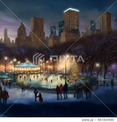 illuminated central park at christmas night, many people around, christmas tree in the middle, neural network generated art 96568980