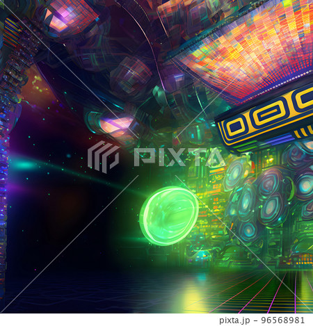 abstract empty disco club background with green glowing ball, neural network generated art 96568981