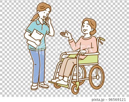 A senior woman in a wheelchair and a caregiver to talk A senior woman in a wheelchair and a caregiver to talk 96569121