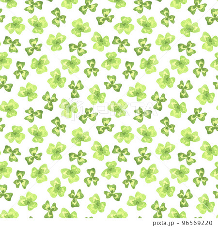 Seamless pattern with three-leaf clover. St.Patrick 's Day. Watercolor illustration. Isolated on a white background.For design fabrics, wallpaper, wrapping gift paper, and decorations for the holiday 96569220