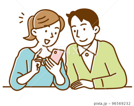 スマホであれこれショッピングする若い夫婦 96569232