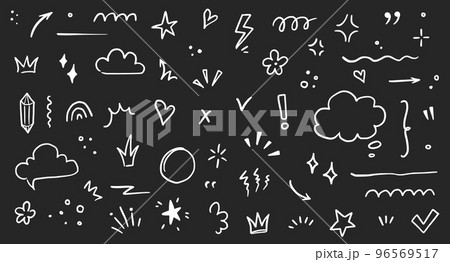 Sketch underline, emphasis, arrow shape set. Hand drawn brush stroke, highlight, speech bubble, underline, sparkle element. Vector 96569517
