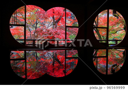 【京都府】嵐山祐斎亭の丸窓の部屋から見た紅葉 96569999