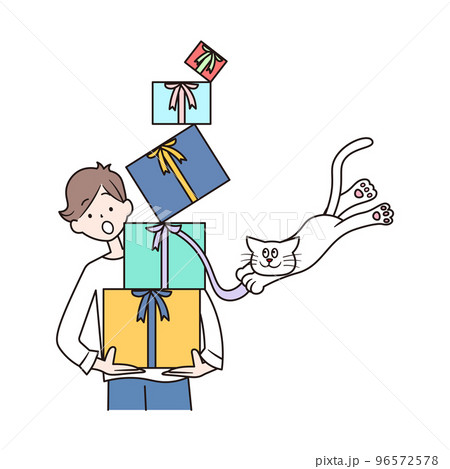 プレゼントを持っている男性と猫のイラスト素材 96572578