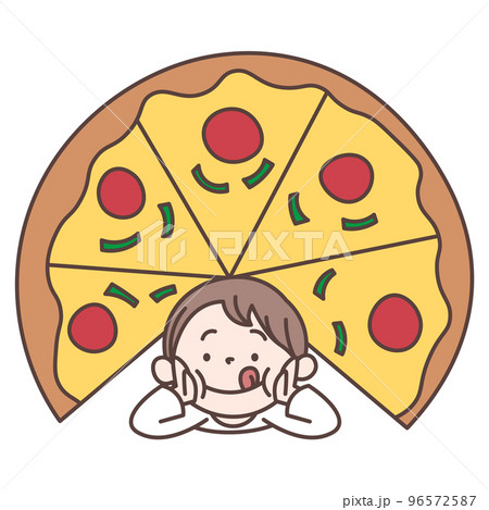 ピザの隙間から男の子が顔を出しているイラスト素材 96572587