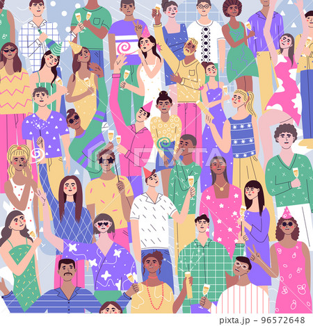 Group of joyful, happy young people enjoying at party. Event, grand opening ceremoni concept. Festive friends celebrating holiday. Men and women rejoicing together. Flat vector illustration 96572648
