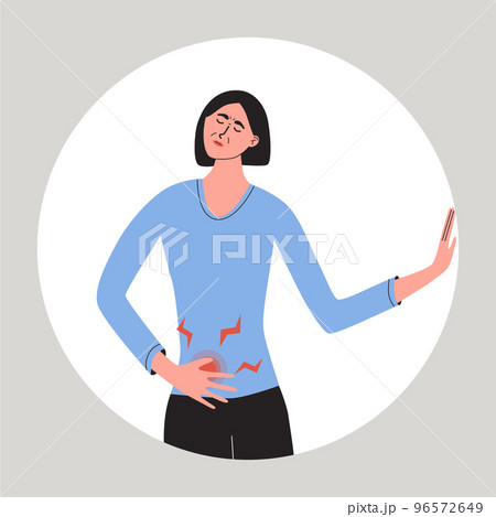 Women feeling pain of the right side of abdomen. Appendicitis, liver disease symptom. Flat vector medcal illustration 96572649