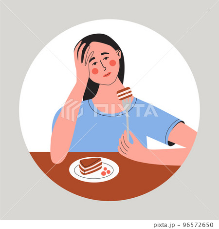 Young women loss of appetite. Female feel not hungry. Girl unable to eat. Flat vector illustration Young women loss of appetite. Female feel not hungry. Girl unable to eat. Flat vector illustration 96572650