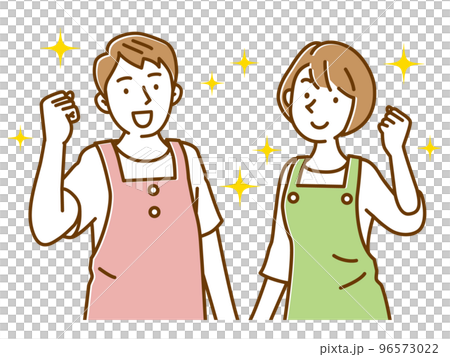 エプロン姿でガッツポーズする若い男女 96573022