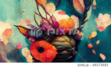 abstract floral drawing of a bouquet on a background imitating oil paints, illustration on the theme 96573693