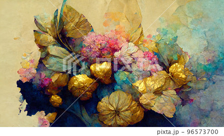 Abstract composition of plants and flower petals painting color texture. Modern floral pattern Abstract composition of plants and flower petals painting color texture. Modern floral pattern 96573700
