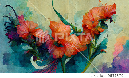 Abstract composition of plants and flower petals painting color texture. Modern floral pattern 96573704