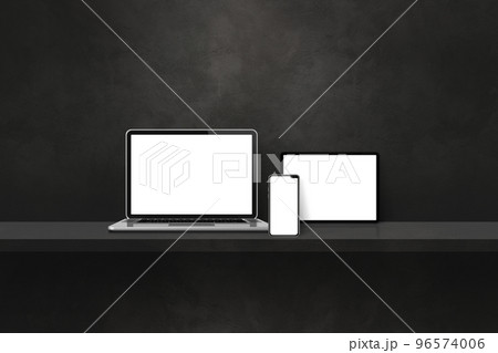 Laptop, mobile phone and digital tablet pc on black wall shelf. Horizontal background Laptop, mobile phone and digital tablet pc on black wall shelf. Horizontal background 96574006