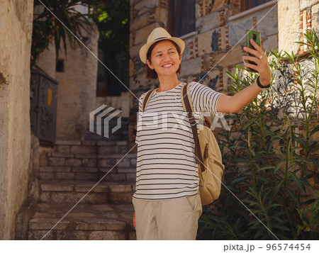 Tourist Woman on Beautiful Streets of old Marmaris. 96574454