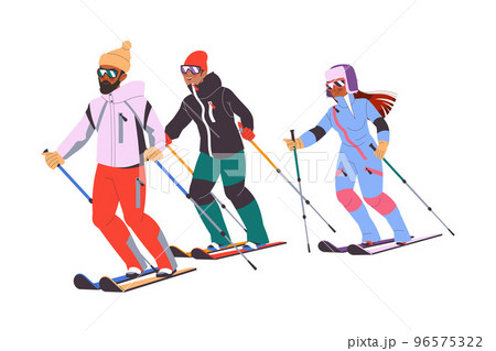 Man and Woman Character Skiing at Mountain Ski Resort in Winter Season Vector Illustration 96575322