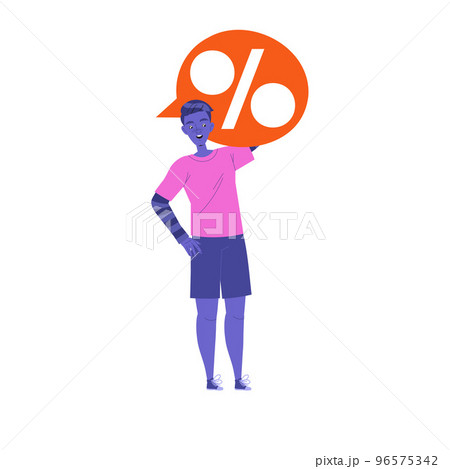 Young Man Character Holding Speech Bubble with Percentage Sign Vector Illustration 96575342