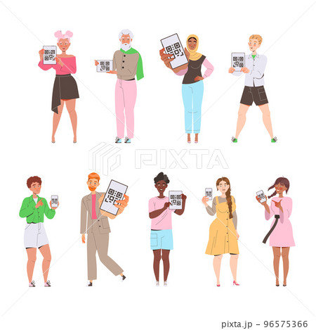 People Characters Showing QR Code on Their Gadget Vector Illustration Set People Characters Showing QR Code on Their Gadget Vector Illustration Set 96575366