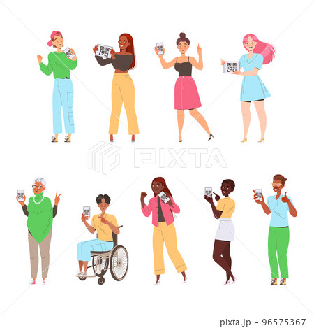 People Characters Showing QR Code on Their Gadget Vector Illustration Set 96575367