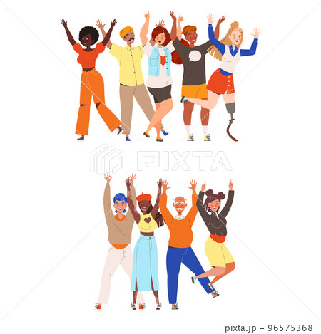 Happy and Rejoicing Group of People Characters Cheering Raising Hands Up Vector Set 96575368