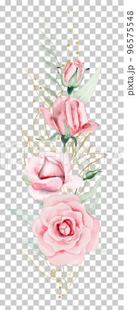 Bouquet made of pink watercolor flowers and green leaves, wedding and greeting illustration 96575548