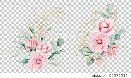 Bouquets made of pink watercolor flowers and green leaves, wedding and greeting illustration 96575555