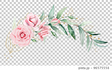 Bouquet made of pink watercolor flowers and green leaves, wedding and greeting illustration 96575558