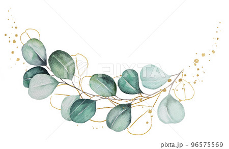 Bouquet made of green and golden watercolor eucalyptus leaves, wedding illustration Bouquet made of green and golden watercolor eucalyptus leaves, wedding illustration 96575569