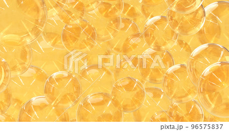 Golden oil bubbles, collagen serum or essence drops 3d render. Abstract geometric background with clear liquid texture, water balls or spheres, cosmetic macadamia, argan or jojoba oil 96575837