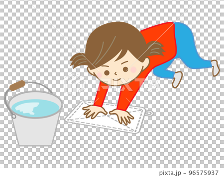 一桶水裝滿水開心地用抹布擦拭的女孩笑了 一桶水裝滿水開心地用抹布擦拭的女孩笑了 96575937