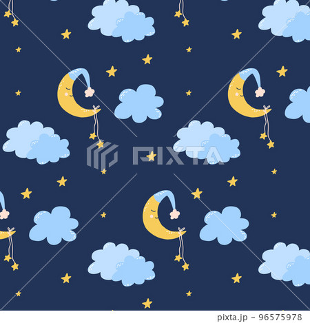 Cute childish seamless pattern with moon, clouds and stars. Pattern for childrens pajamas. Good night. Vector illustration hand drawn cartoon style. Cute childish seamless pattern with moon, clouds and stars. Pattern for childrens pajamas. Good night. Vector illustration hand drawn cartoon style. 96575978