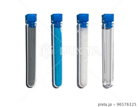Zinc Powder, Copper(II) sulfate and Sodium Hydroxide Pellets in test tube with plug cap. Cosmetic chemicals ingredient on laboratory table. 96576325