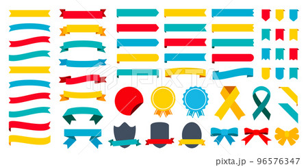 58個のリボン、見出しタイトルのフレームセット。 赤、青、黄色、緑のバリエーションベクターイラストア 58個のリボン、見出しタイトルのフレームセット。 赤、青、黄色、緑のバリエーションベクターイラストア 96576347