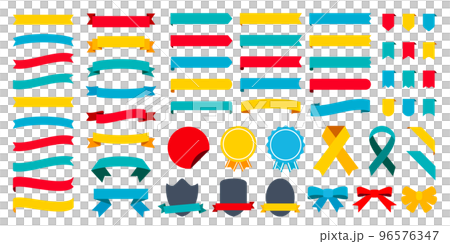 58個のリボン、見出しタイトルのフレームセット。 赤、青、黄色、緑のバリエーションベクターイラストア 58個のリボン、見出しタイトルのフレームセット。 赤、青、黄色、緑のバリエーションベクターイラストア 96576347