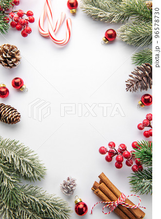 Christmas background with fir tree and decor. Top view with copy space 96578730