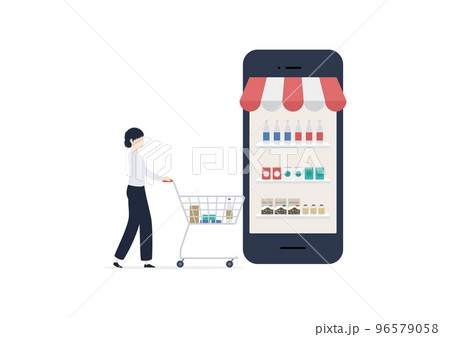 ネットスーパーをうまく利用して時短・節約！なイラスト素材 96579058