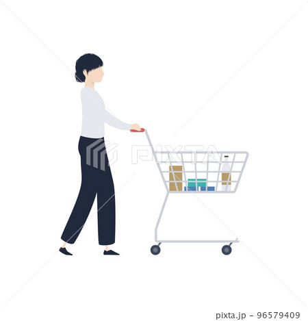 ショッピングカートを押す若い日本人女性のイラスト素材 96579409